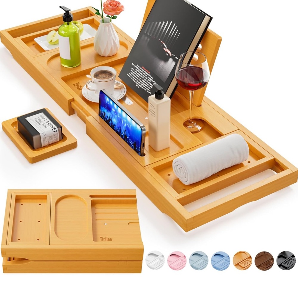 Brown Bamboo Bath Tray with Adjustable Storage